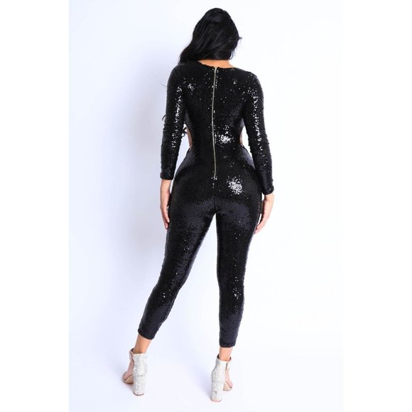 Women's Front O Ring Point Sequin Jumpsuit - Picture 4 of 8